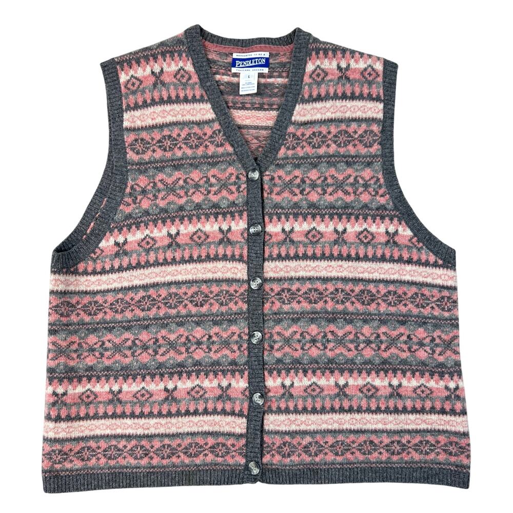 Vintage Pendleton Women's 100% Lambswool Pink Gray Patterned Button Front Vest L